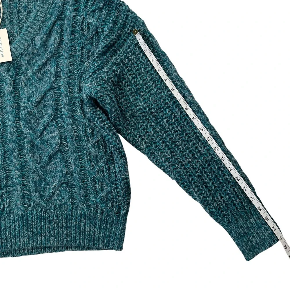 NWT Teal Blue Sundance Marlyse Chunky‎ Cable Knit V Neck Sweater SZ M Fisherman